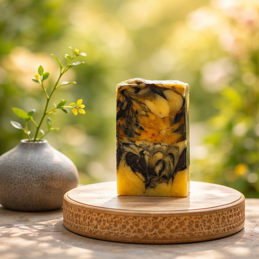 Handmade brightening turmeric cold process soap bar with kaolin clay and shea butter for glowing skin by Natural Misfit Soap Studio