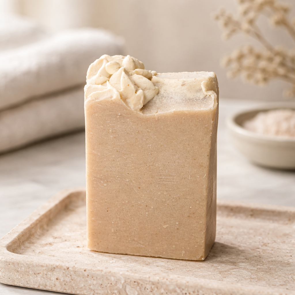 Handmade oatmeal milk and honey cold process goat milk soap bar with shea butter and cocoa butter by Natural Misfit Soap Studio
