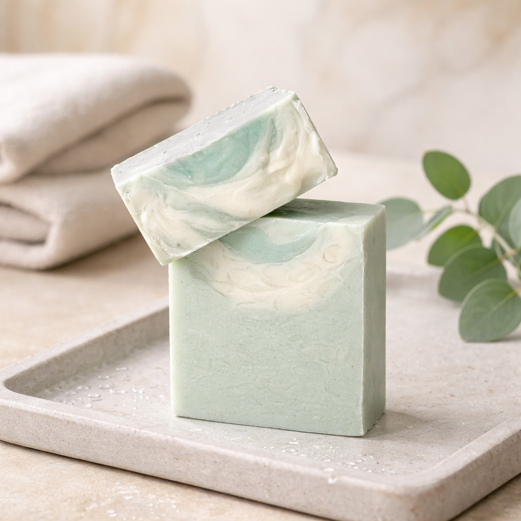 Handmade cucumber mint cold process soap bar with green clay, kaolin clay and avocado oil by Natural Misfit Soap Studio"