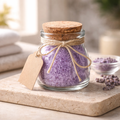 Handmade lavender mineral bath soak with Epsom salt, sea salt and Himalayan salt in a glass jar by Natural Misfit Soap Studio