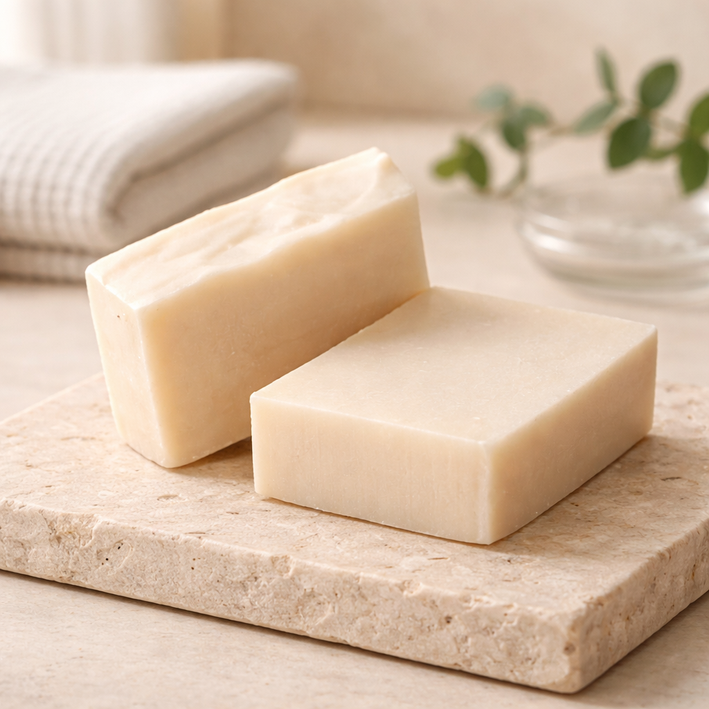 "Handmade unscented pure goat milk cold process soap bar with shea butter, colloidal oats and kaolin clay by Natural Misfit Soap Studio"