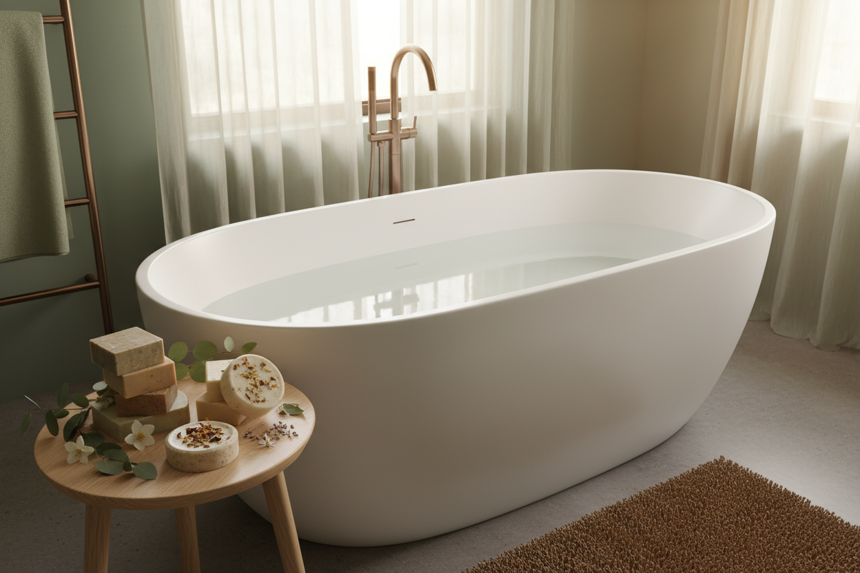 Milky Bath with Soaps on Side Table