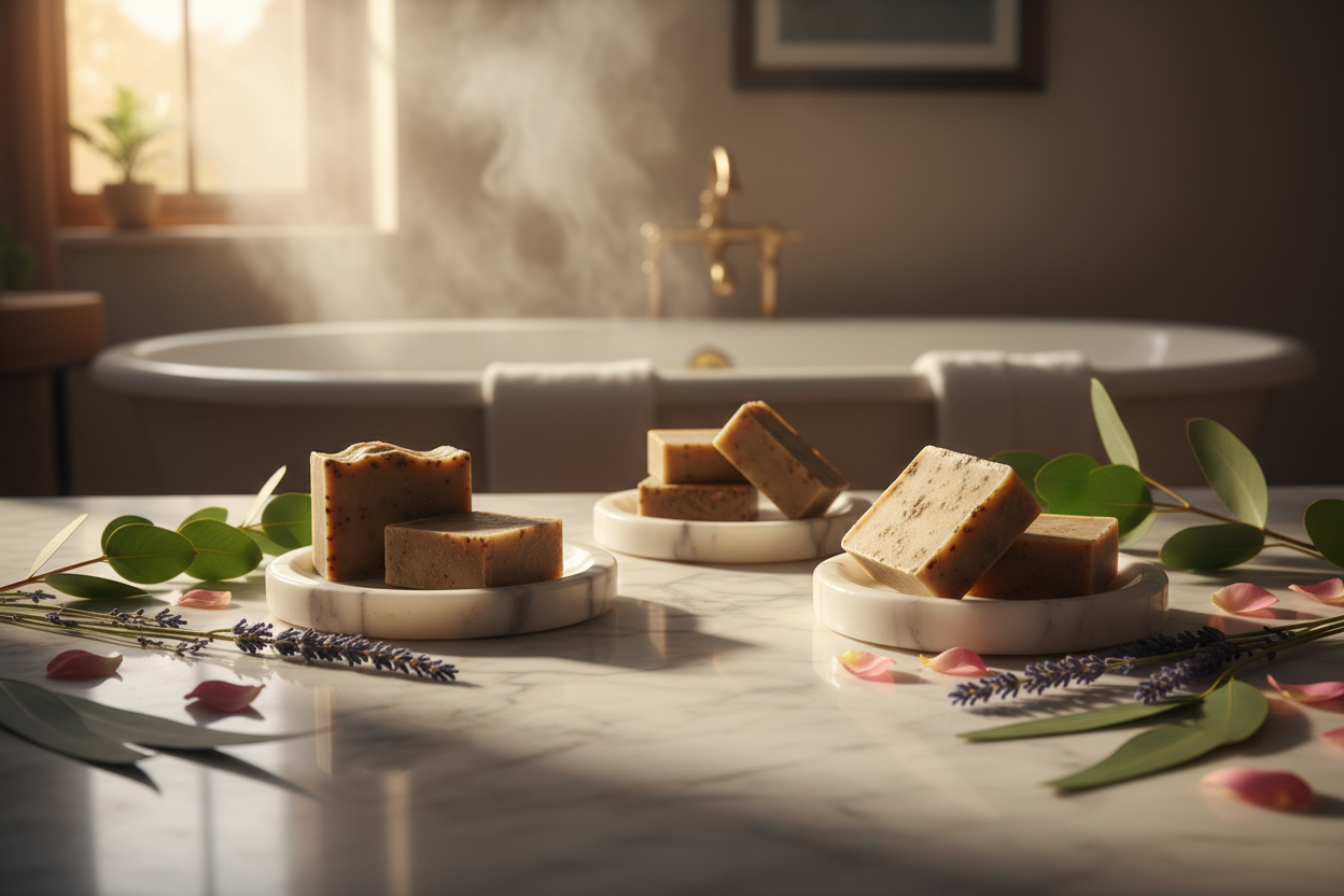 Soaps on marble with botanicals